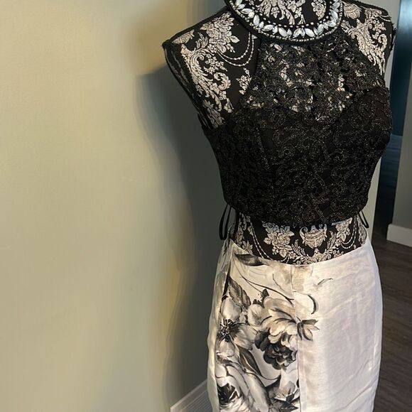 Sequin Hearts Two-piece Beaded Lace Crop Top and Floral Skirt-white-7 - Picture 3 of 4